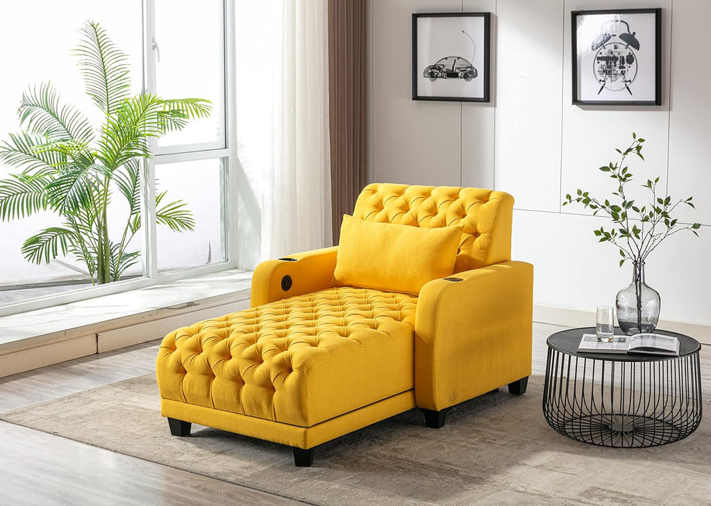 Yellow Button Tufted Single Sofa Bed with Pillow A289