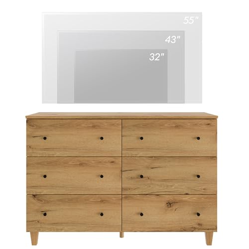 Oak Brown 6 Drawer TV Stand with 1 End Table 2 Drawers Charging Station 2 Pieces Wood Furniture Set J872219