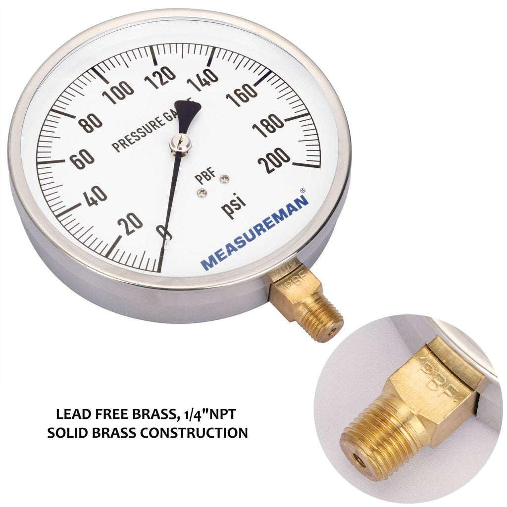 304 Stainless Steel Case Pressure Gauge, 0-200Psi, 4-1/2 Dial Size, Pack of 2 S869809
