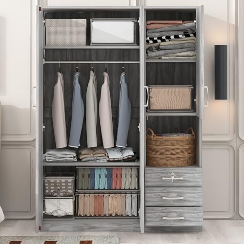 Grey 3 Door Wooden Wardrobe Closet with Drawers and Hanging Rail B496