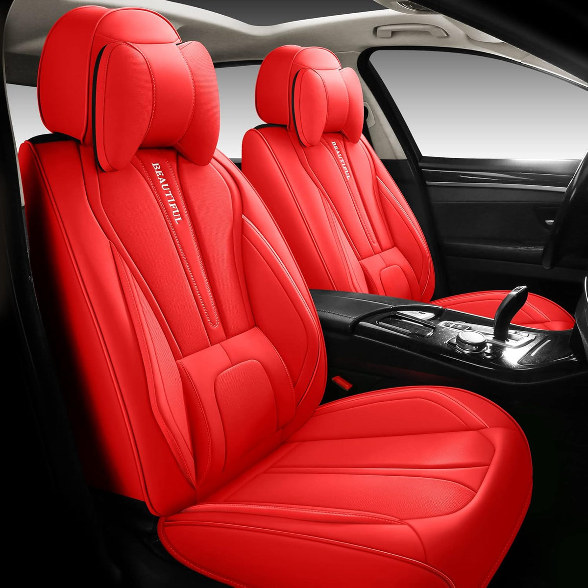 Red Leather Car Seat Covers Full Set 5 Seats I607508
