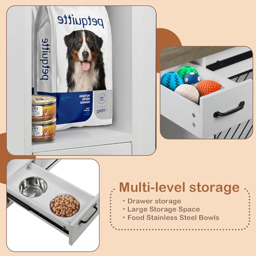 White 85" Sliding Door Double Dog Crate Kennel Furniture with 4 Dog Bowls and Drawer U57660
