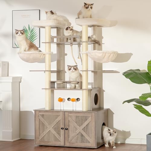 72-inch Wooden Cat Tree with Litter Box Enclosure and Scratching Post F79258