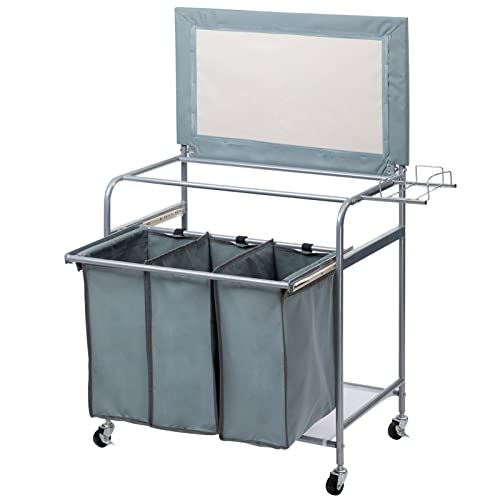 Blue Grey Rolling Laundry Sorter with Ironing Board and 3-Bag L3043