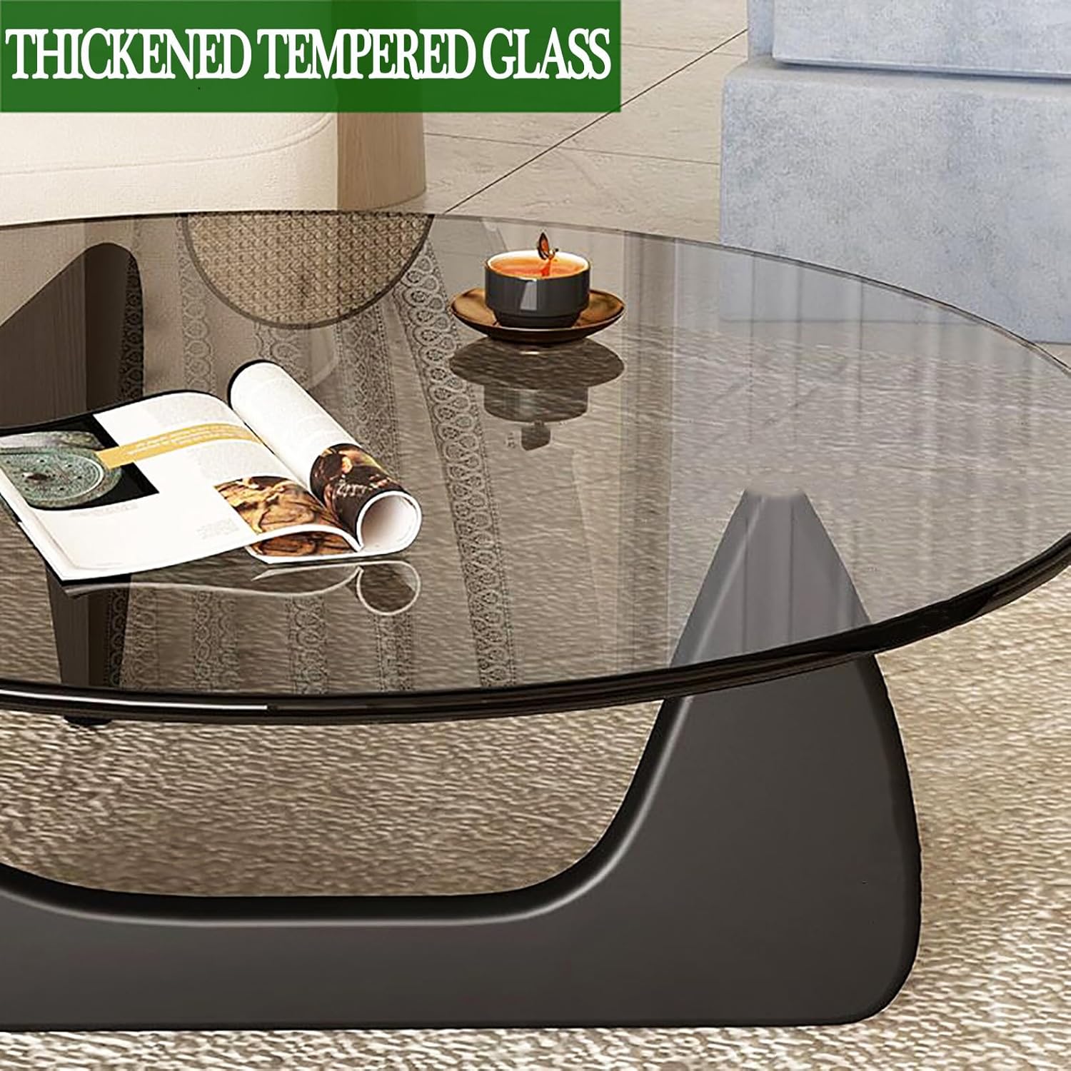 Glass Coffee Table with Solid Wood Base, Gray-Black K234