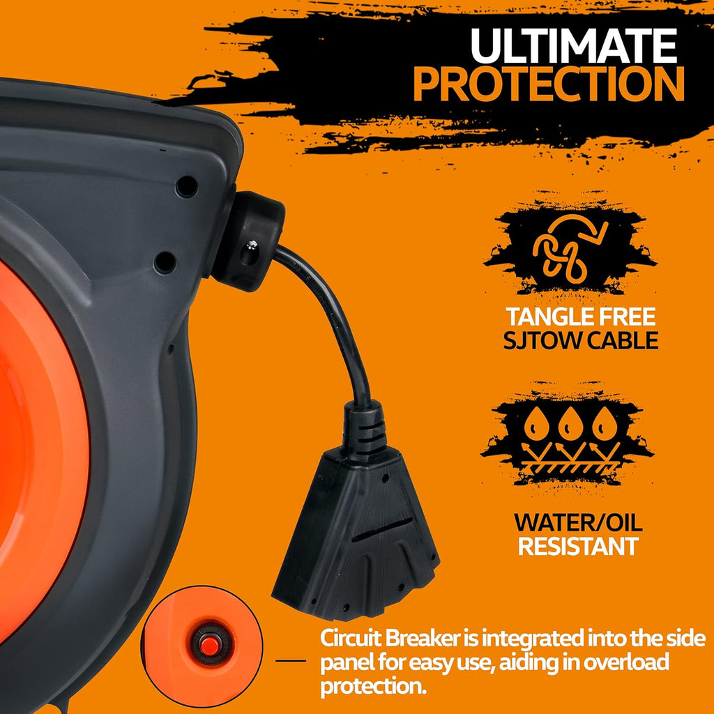 Retractable Extension Cord Reel 16AWG x 50' Feet Industrial Polypropylene Ultra Heavy Duty 3C SJTOW Commercial Ultra Flexible Cable Triple Tap Connector O318039