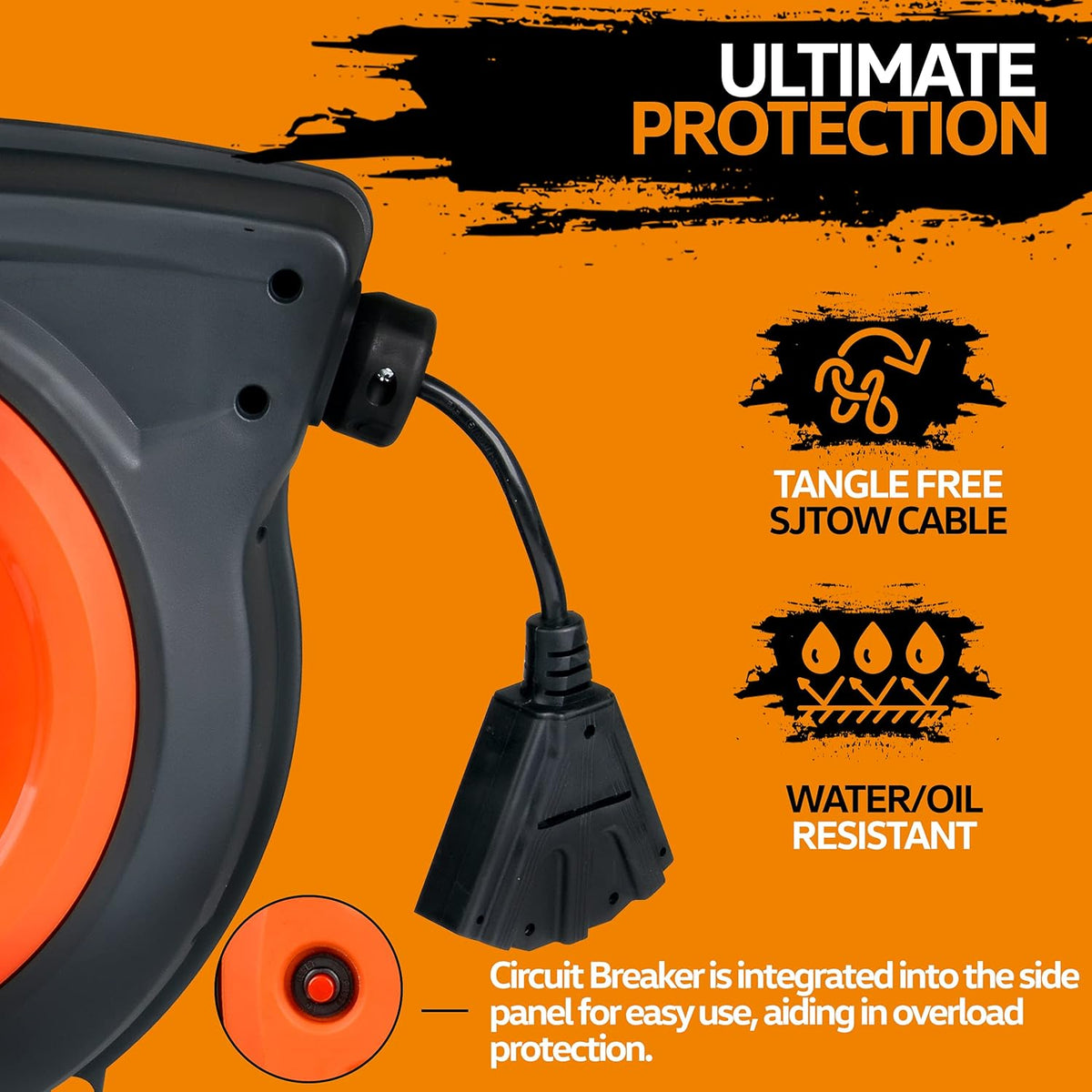 Retractable Extension Cord Reel 16AWG x 50' Feet Industrial Polypropylene Ultra Heavy Duty 3C SJTOW Commercial Ultra Flexible Cable Triple Tap Connector O318039
