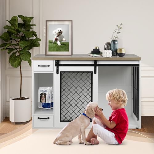 White 85" Sliding Door Double Dog Crate Kennel Furniture with 4 Dog Bowls and Drawer U57660