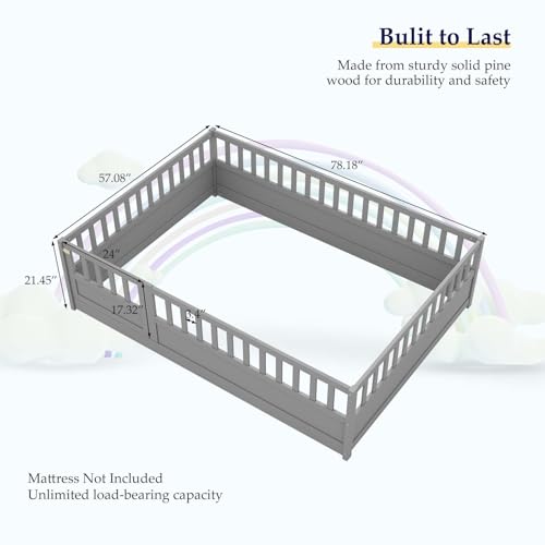 Full-White Wood Kids Floor Bed with Safety Guardrails J4932