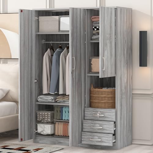 Grey 3 Door Wooden Wardrobe Closet with Drawers and Hanging Rail B496