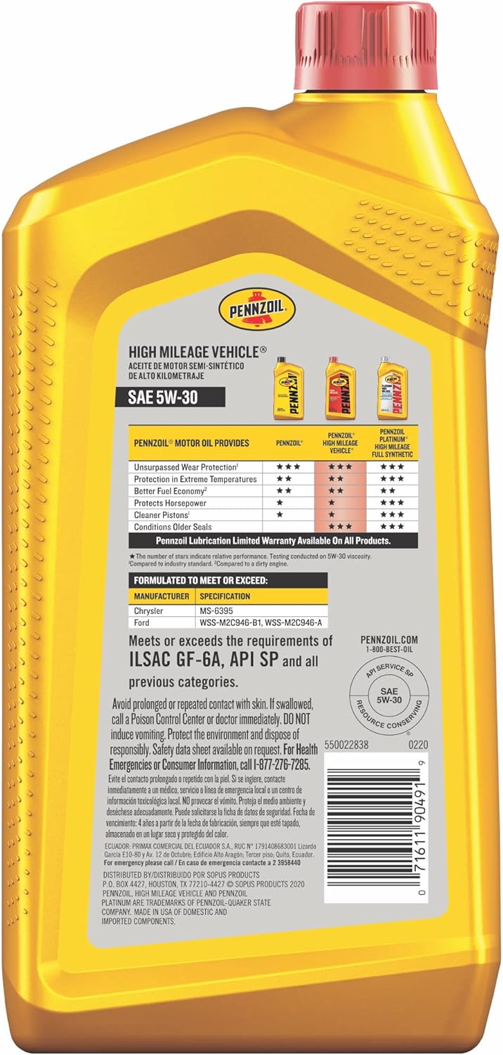 High Mileage Synthetic Blend 5W-30 Motor Oil (1-Quart, Pack of 2) I7316