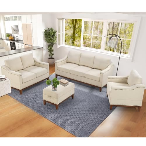 Beige 3-Seater Upholstered Sofa with Nailhead Trim E141779