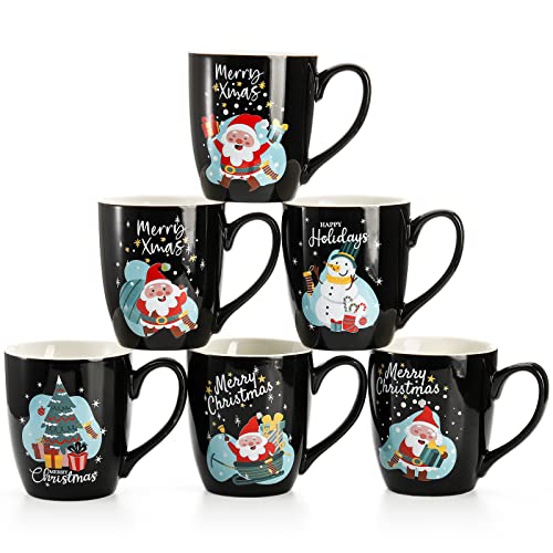 Set of 6 17 Oz Ceramic Black Christmas Coffee Mugs F5747