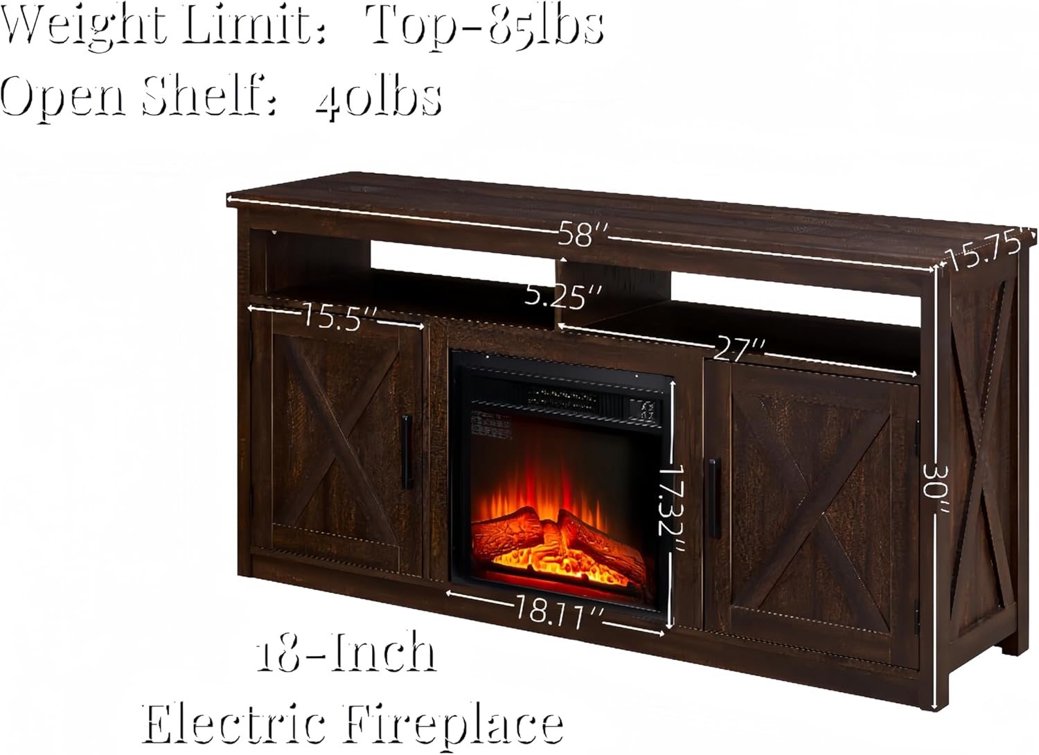 Farmhouse TV Media Stand with Fireplace Insert, Espresso Y3169