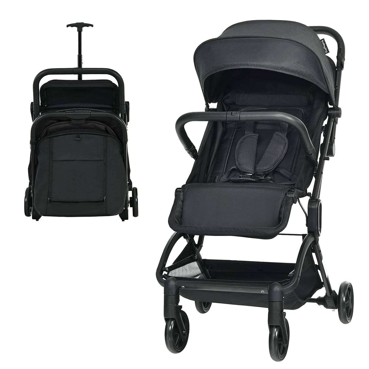 Lightweight Baby Stroller with One-Hand Fold, Adjustable Backrest, 5-Point Harness, Storage Basket (Black) R599173