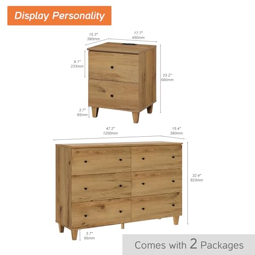 Oak Brown 6 Drawer TV Stand with 1 End Table 2 Drawers Charging Station 2 Pieces Wood Furniture Set J872219