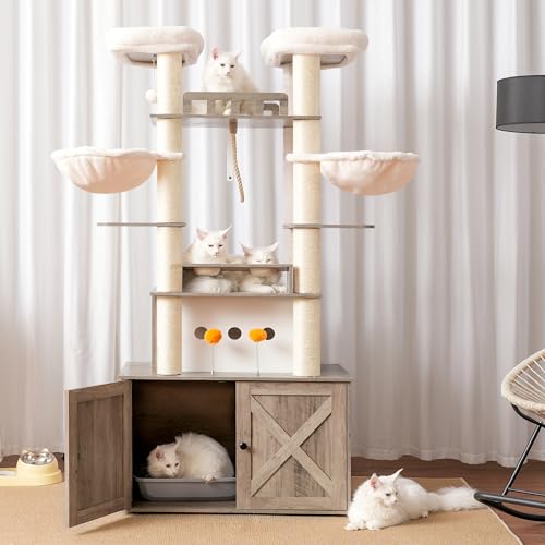 72-inch Wooden Cat Tree with Litter Box Enclosure and Scratching Post F79258