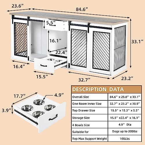 White 85" Sliding Door Double Dog Crate Kennel Furniture with 4 Dog Bowls and Drawer U57660