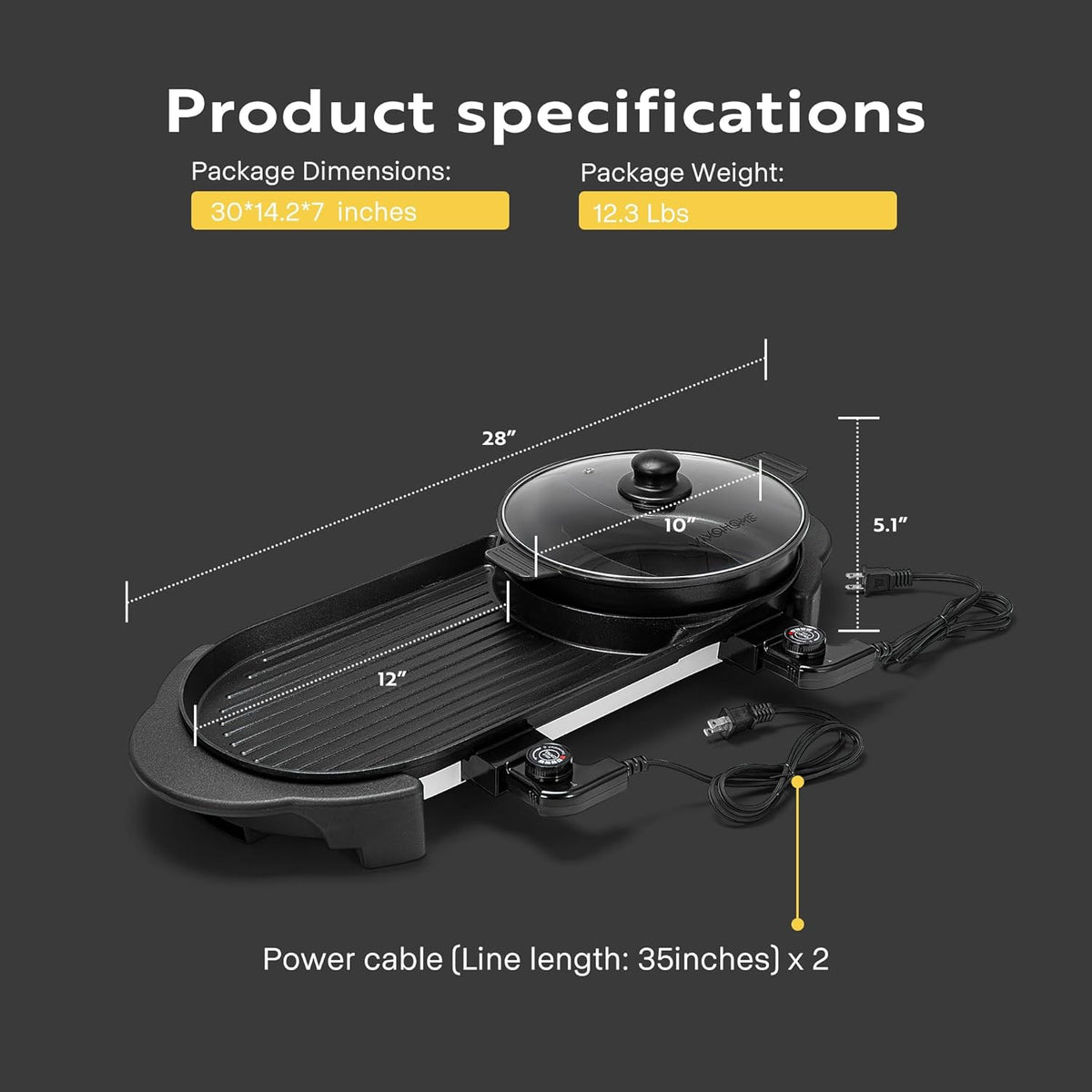 2200W Electric Hot Pot with Grill, Removable Non-stick Shabu-shabu Pot with Baking Pan, Separate Temperature Control 2-IN-1 Hotpot BBQ Y67395