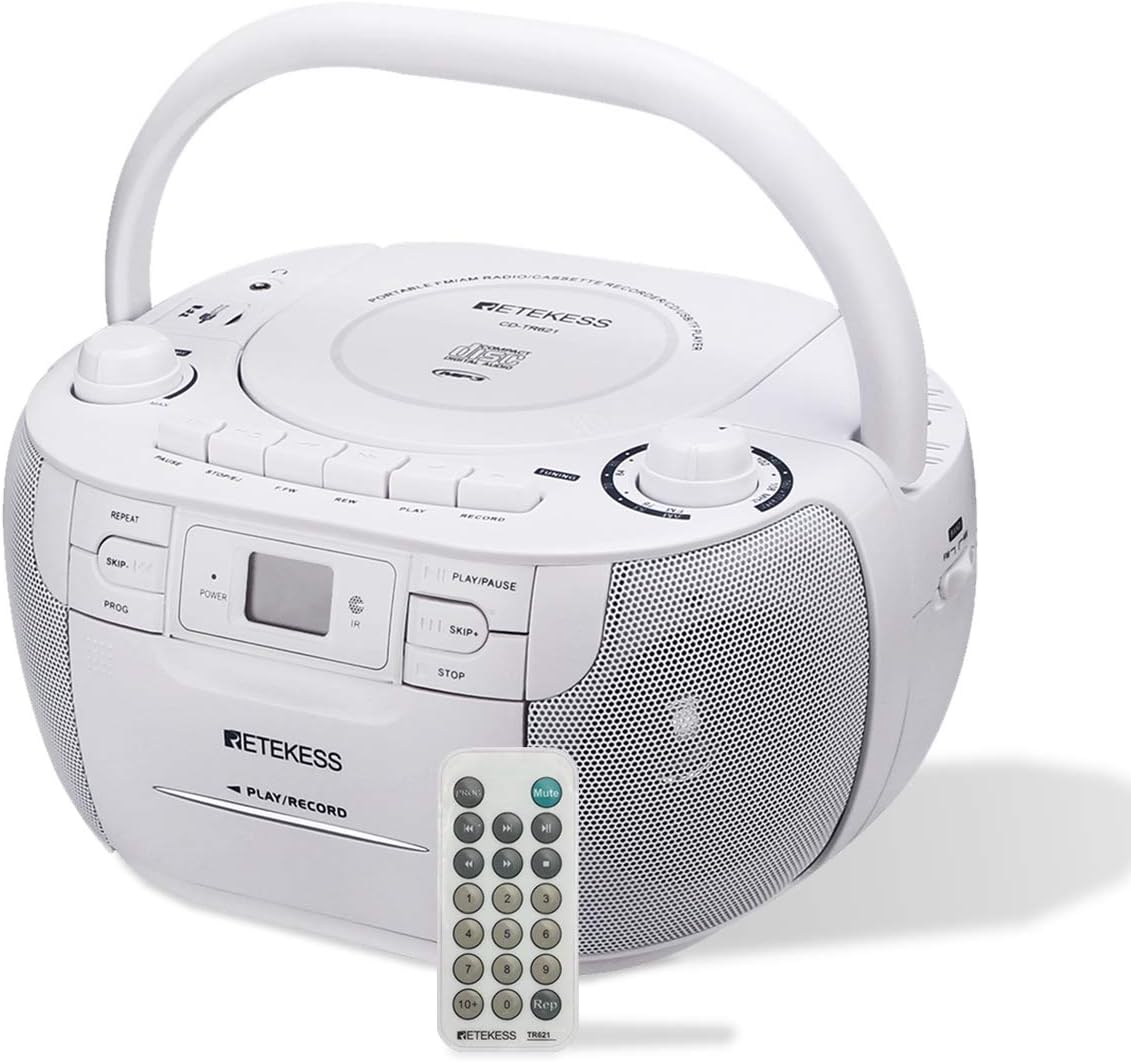 White Portable CD and Cassette Player Boombox with AM FM Radio C1810