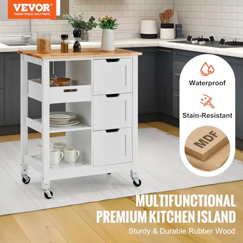 White 26 inch Wood Top Mobile Kitchen Island Cart with 3 Drawers and Shelves N780