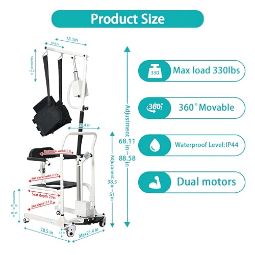 Electric Transfer Chair Patient Lift 180° Split Seat 330 lbs Load-Bearing White Black A9868