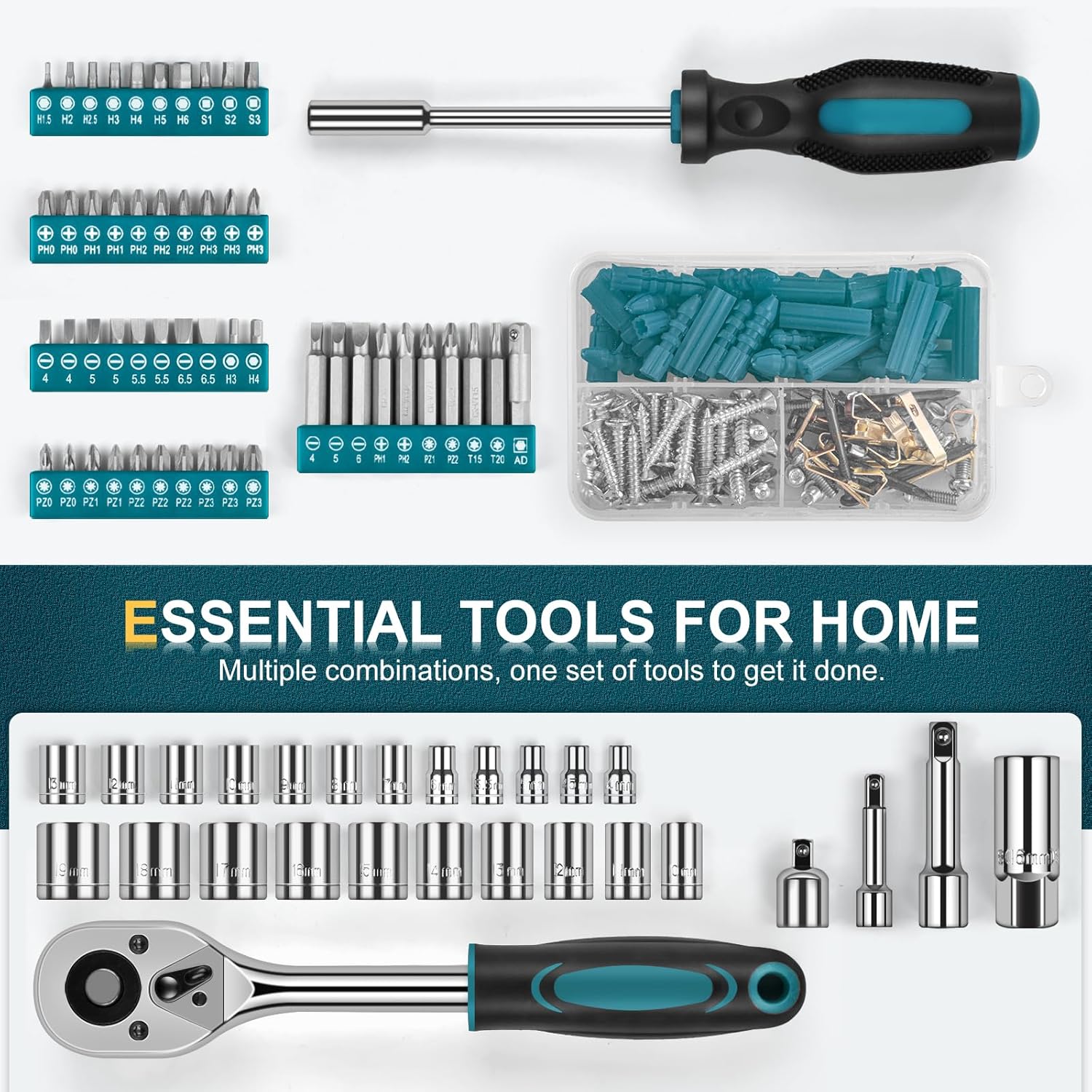 287PCs Hand Tool Set with Hammer, Pliers, Ratchet Wrench, Socket, Tool Box Case S421606