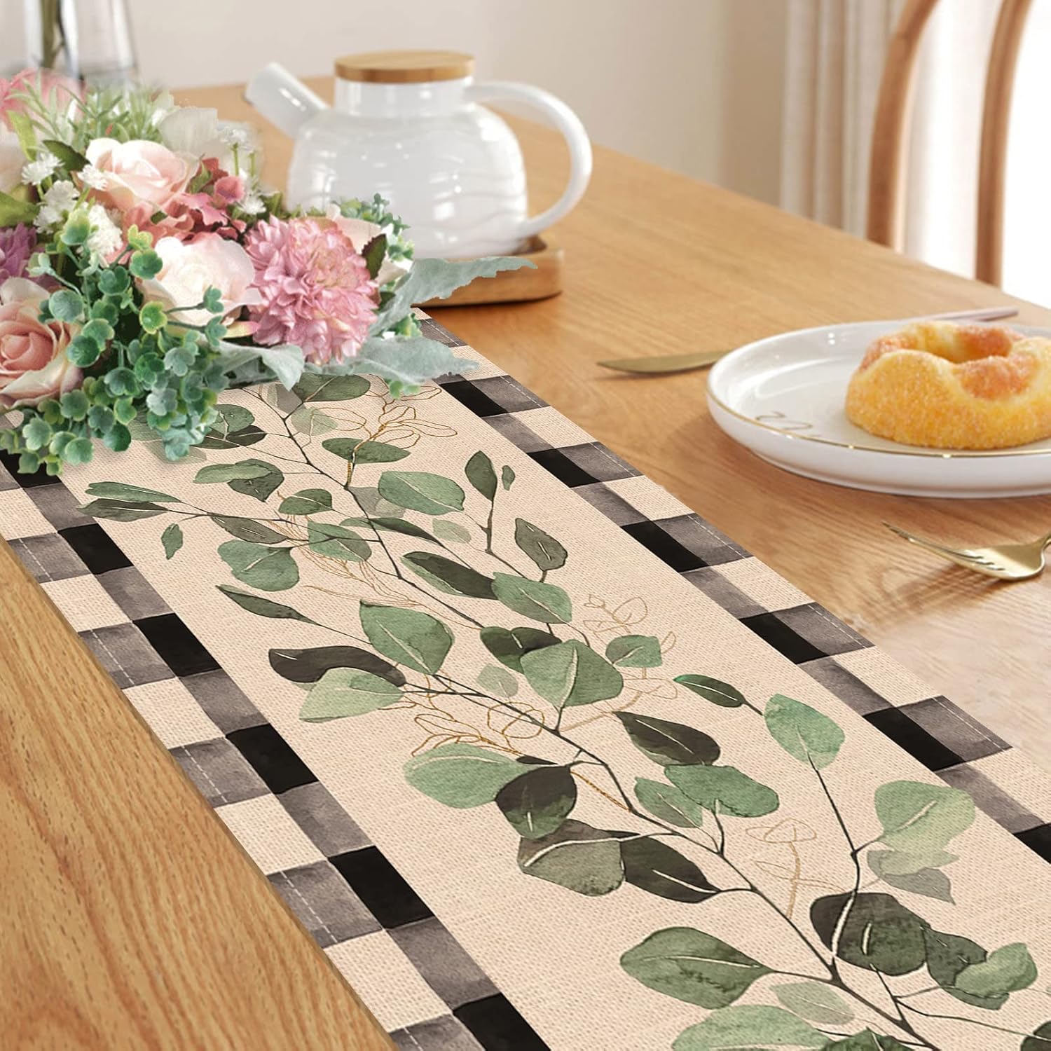 Black White Buffalo Plaid Check Table Runner 13 x 90 Inches K30061