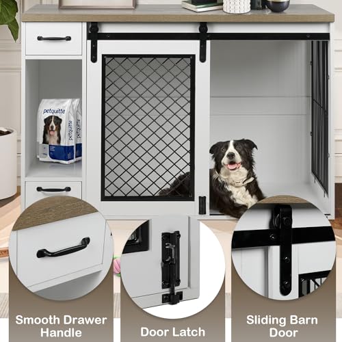 White 85" Sliding Door Double Dog Crate Kennel Furniture with 4 Dog Bowls and Drawer U57660