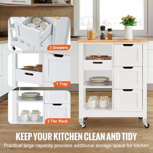 White 26 inch Wood Top Mobile Kitchen Island Cart with 3 Drawers and Shelves N780