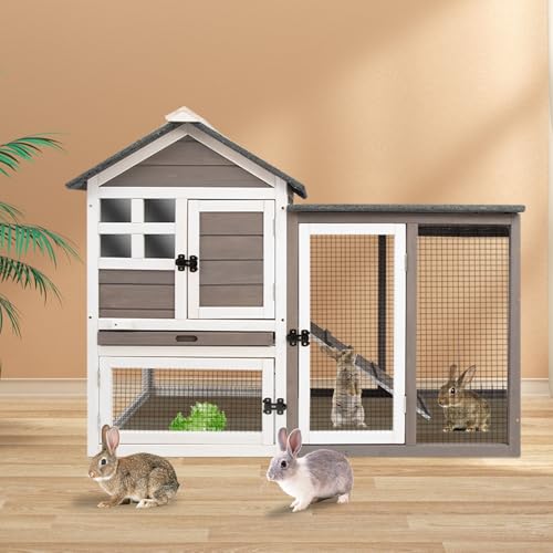 Grey 2-Story Fir Wood Rabbit Hutch with Pull Out Tray S277
