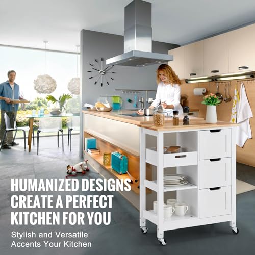 White 26 inch Wood Top Mobile Kitchen Island Cart with 3 Drawers and Shelves N780
