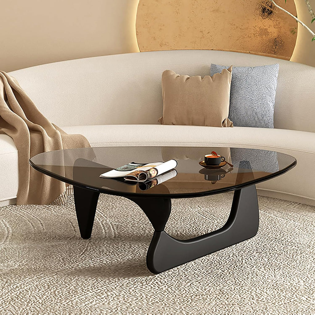 Glass Coffee Table with Solid Wood Base, Gray-Black K234