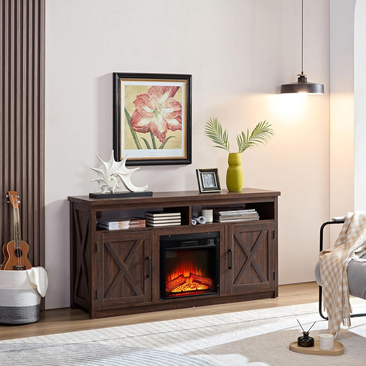 Farmhouse TV Media Stand with Fireplace Insert, Espresso Y3169