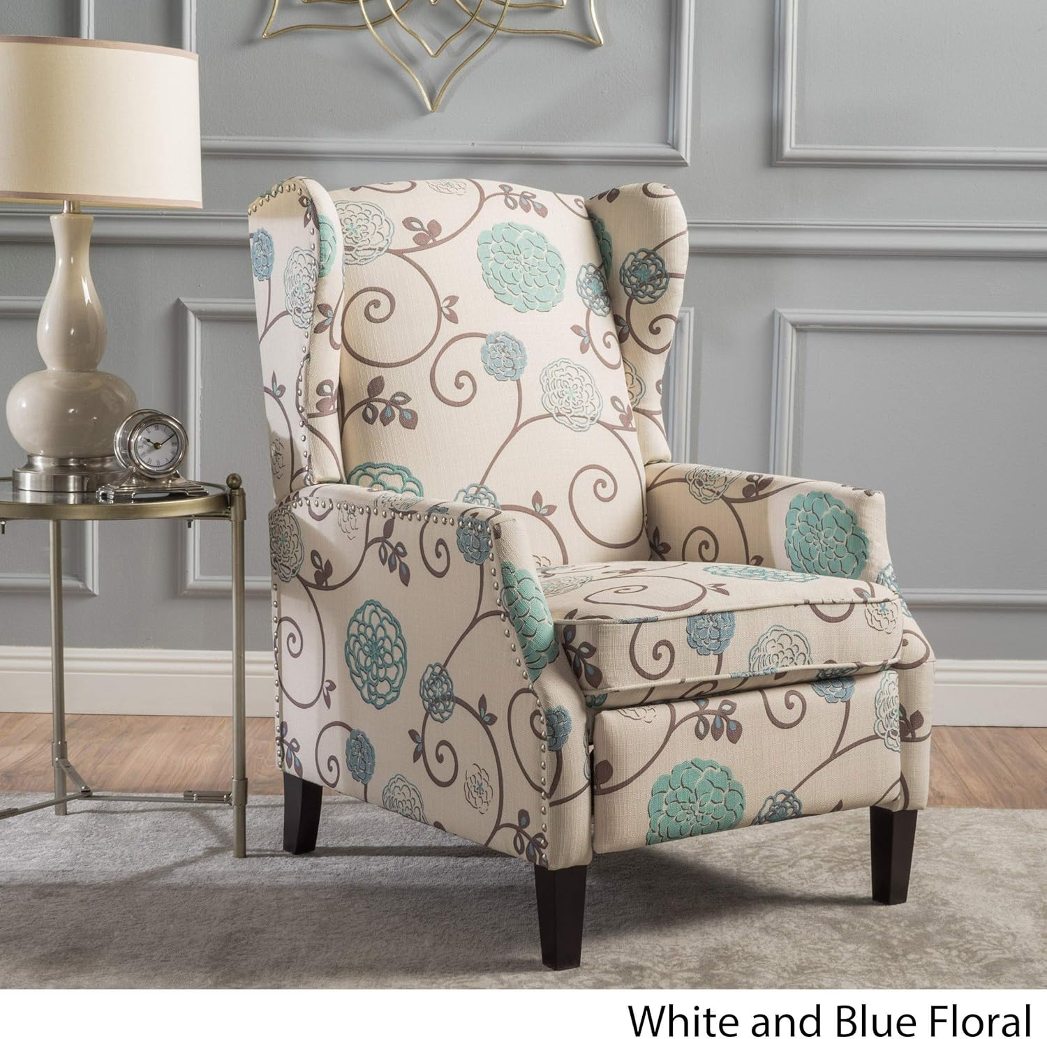 Blue White Floral Fabric Recliner Club Chair E4722