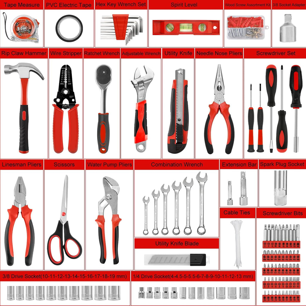 287PCs Hand Tool Set with Hammer, Pliers, Ratchet Wrench, Socket, Tool Box Case S421606