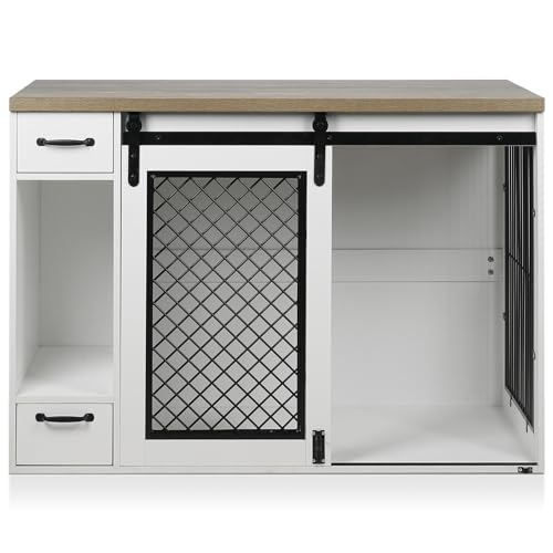 White 85" Sliding Door Double Dog Crate Kennel Furniture with 4 Dog Bowls and Drawer U57660