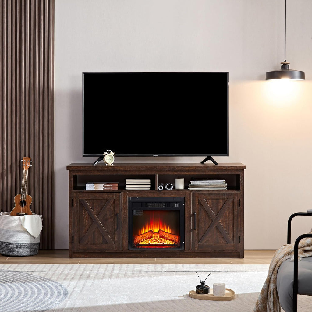 Farmhouse TV Media Stand with Fireplace Insert, Espresso Y3169