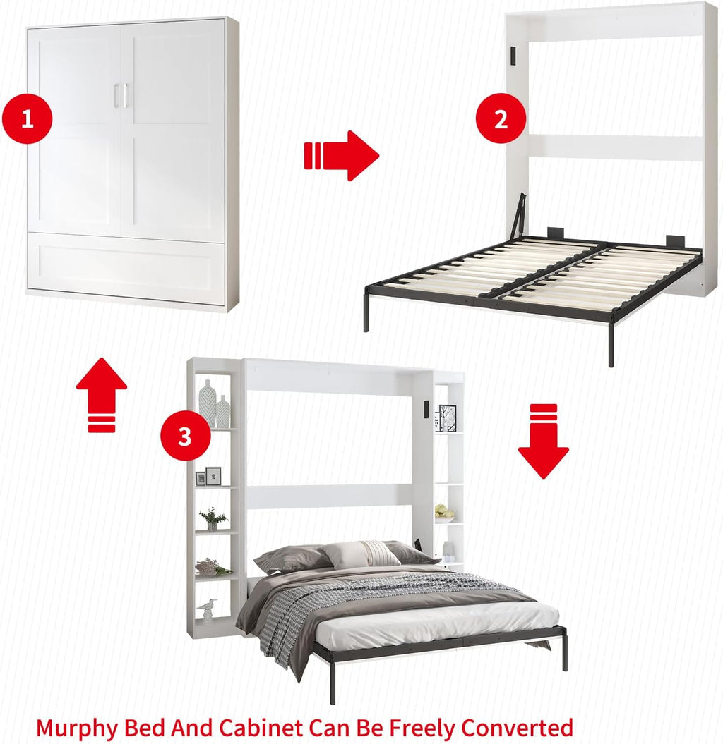 White Murphy Bed with Wardrobe, 2 Side Cabinet F6306
