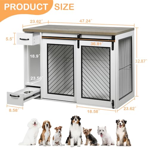 White 85" Sliding Door Double Dog Crate Kennel Furniture with 4 Dog Bowls and Drawer U57660