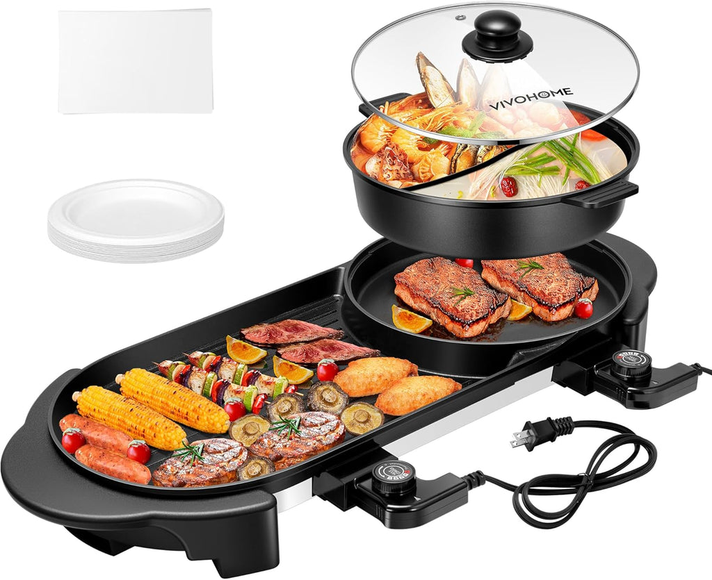 2200W Electric Hot Pot with Grill, Removable Non-stick Shabu-shabu Pot with Baking Pan, Separate Temperature Control 2-IN-1 Hotpot BBQ Y67395