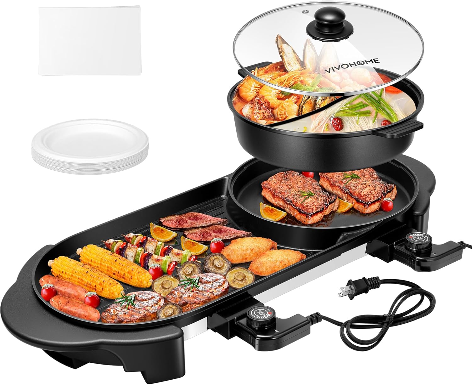 2200W Electric Hot Pot with Grill, Removable Non-stick Shabu-shabu Pot with Baking Pan, Separate Temperature Control 2-IN-1 Hotpot BBQ Y67395