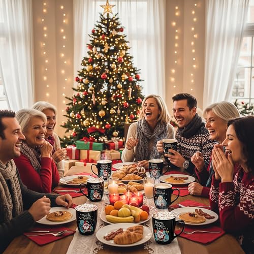 Set of 6 17 Oz Ceramic Black Christmas Coffee Mugs F5747