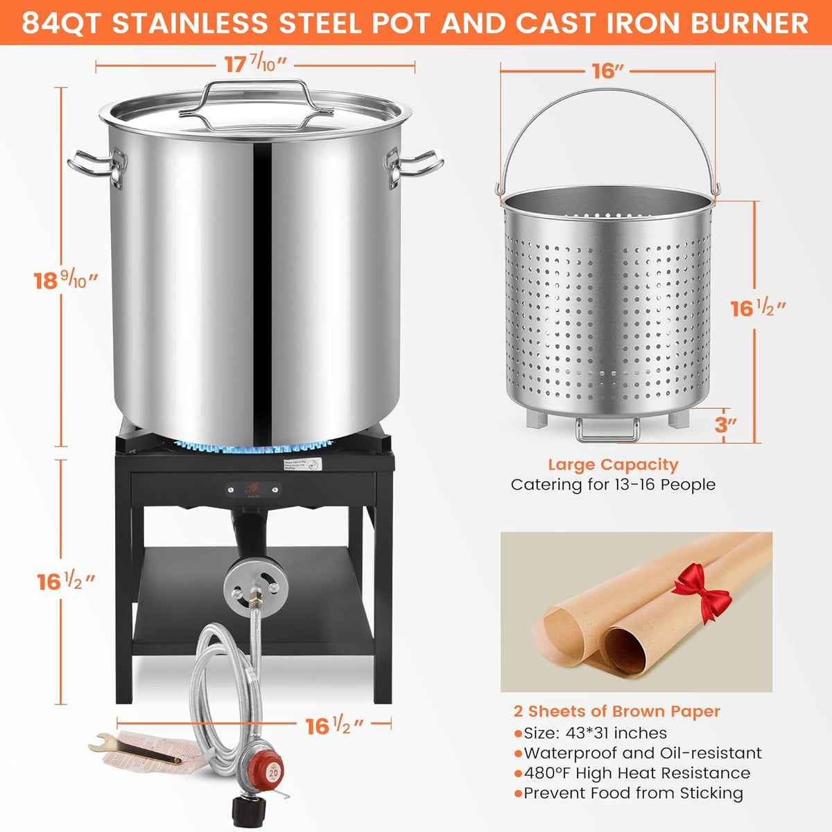84QT Stainless Steel Seafood Boil Pot with Propane Fryer G450025