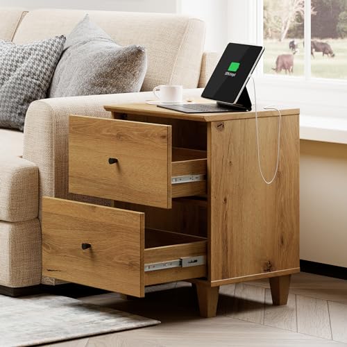 Oak Brown 6 Drawer TV Stand with 1 End Table 2 Drawers Charging Station 2 Pieces Wood Furniture Set J872219