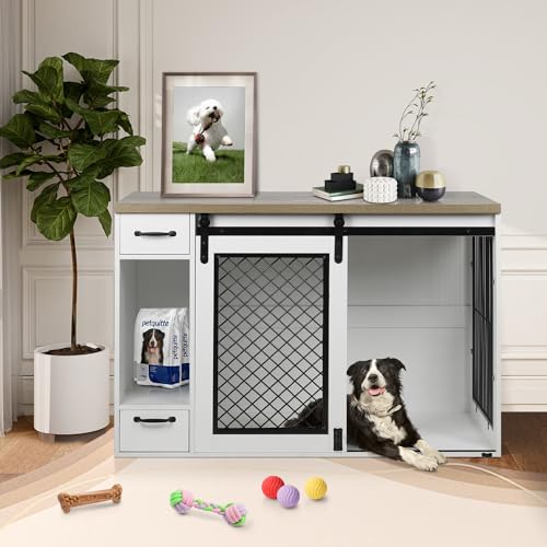 White 85" Sliding Door Double Dog Crate Kennel Furniture with 4 Dog Bowls and Drawer U57660