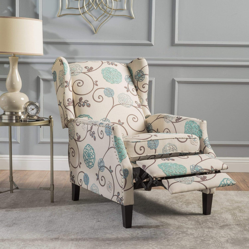 Blue White Floral Fabric Recliner Club Chair E4722