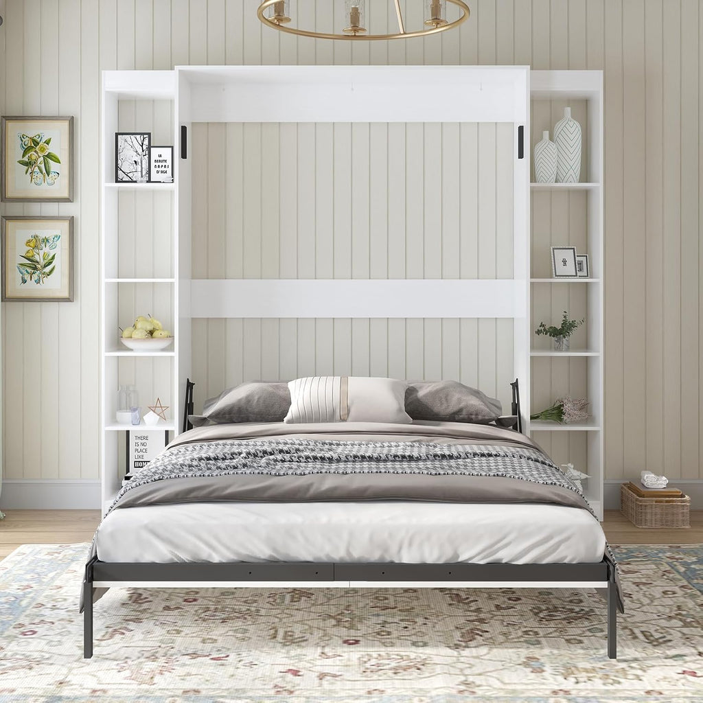 White Murphy Bed with Wardrobe, 2 Side Cabinet F6306