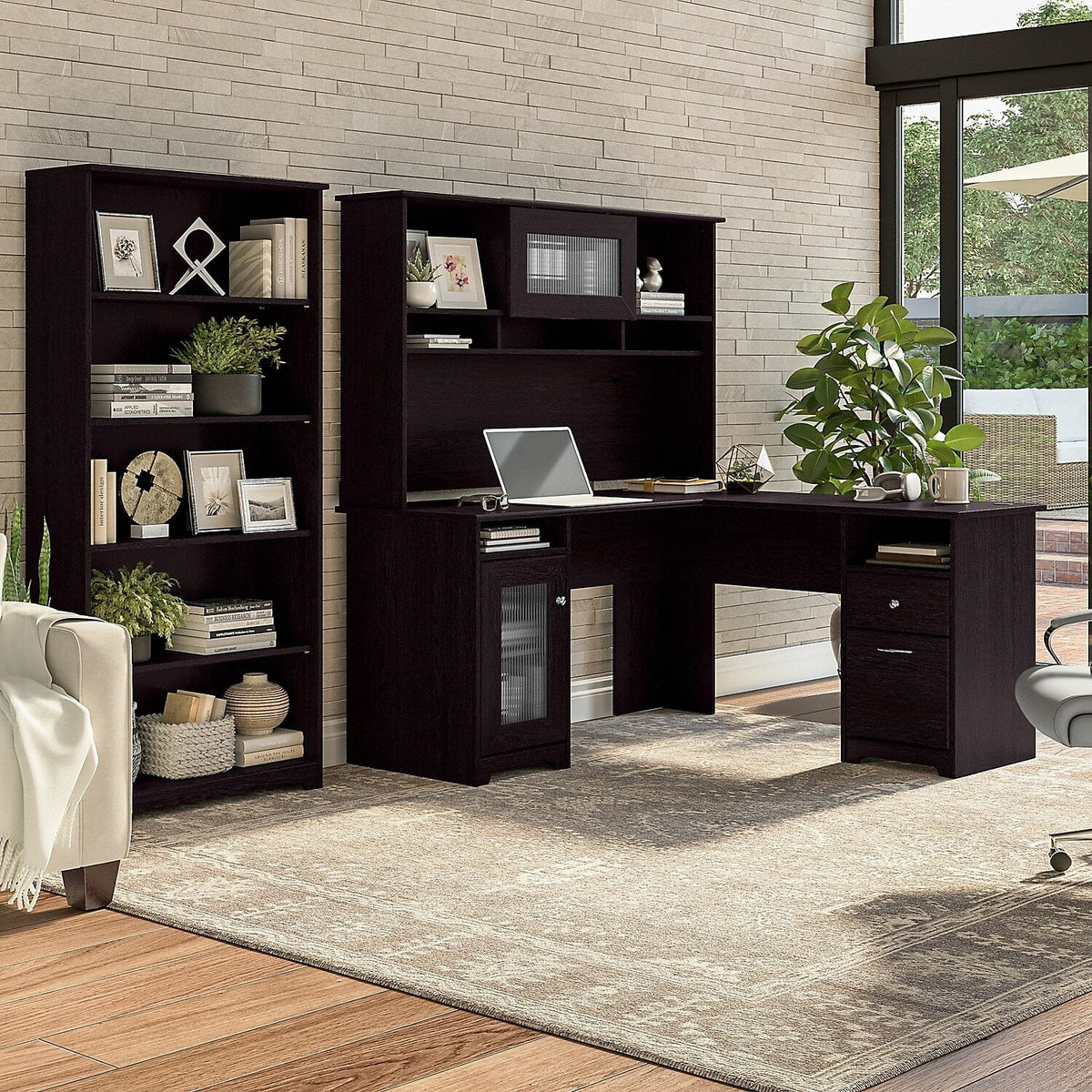 60W L Shaped Computer Desk With Hutch And 5 Shelf Bookcase M17416