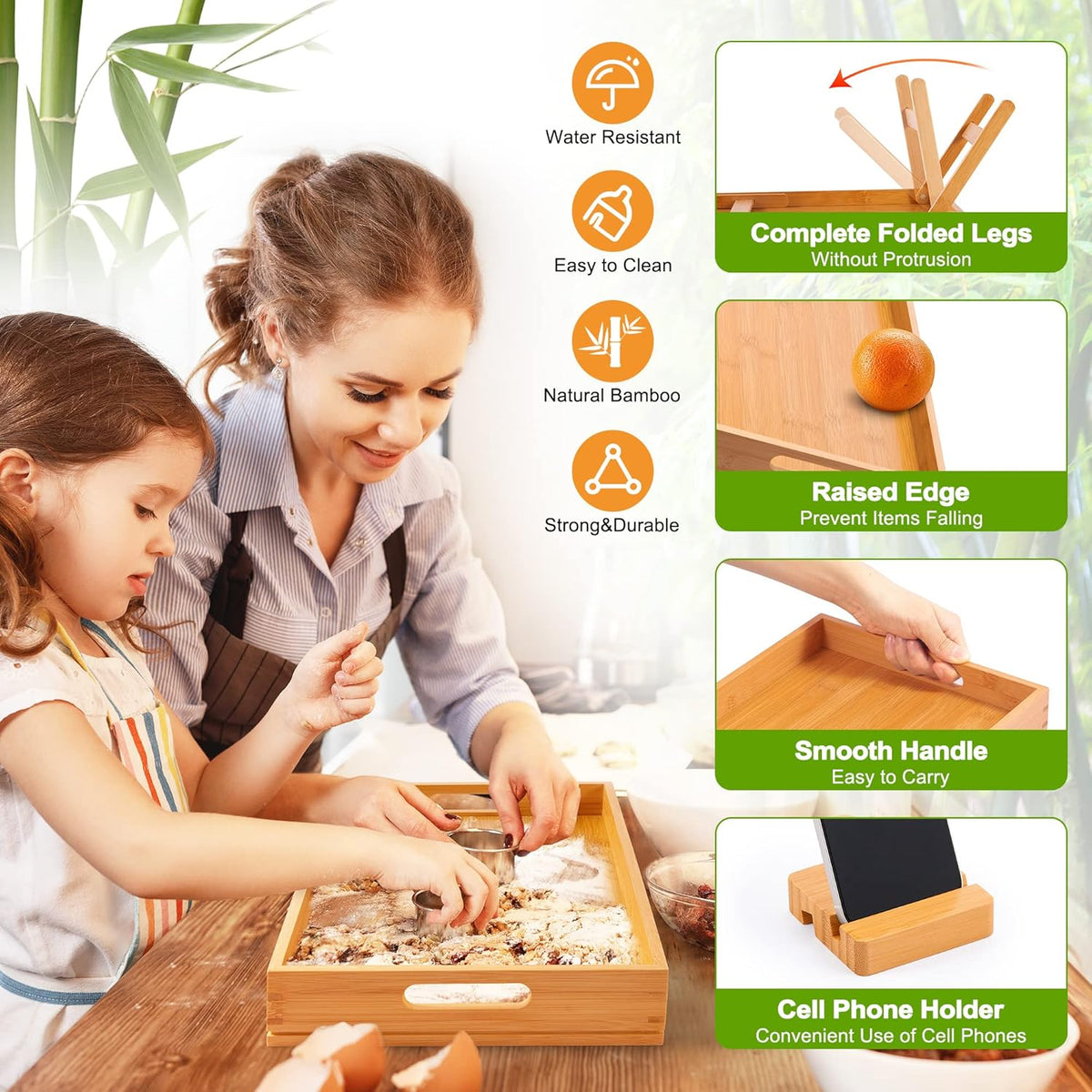 Bamboo Folding Bed Tray Table with Handles and Phone Holder B59077